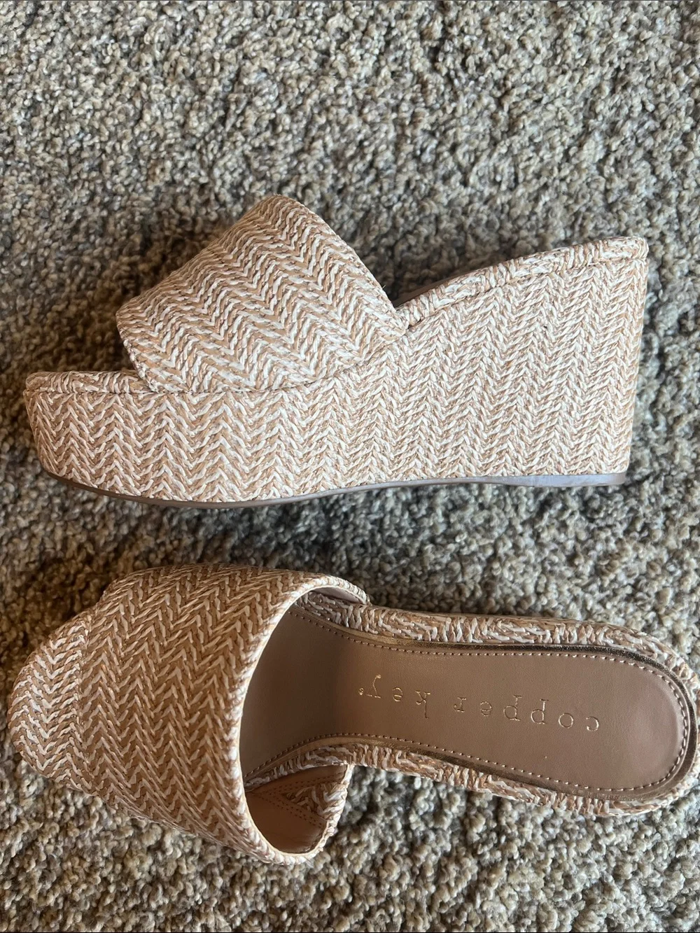Copper Key Beige Wedge Slide Sandals